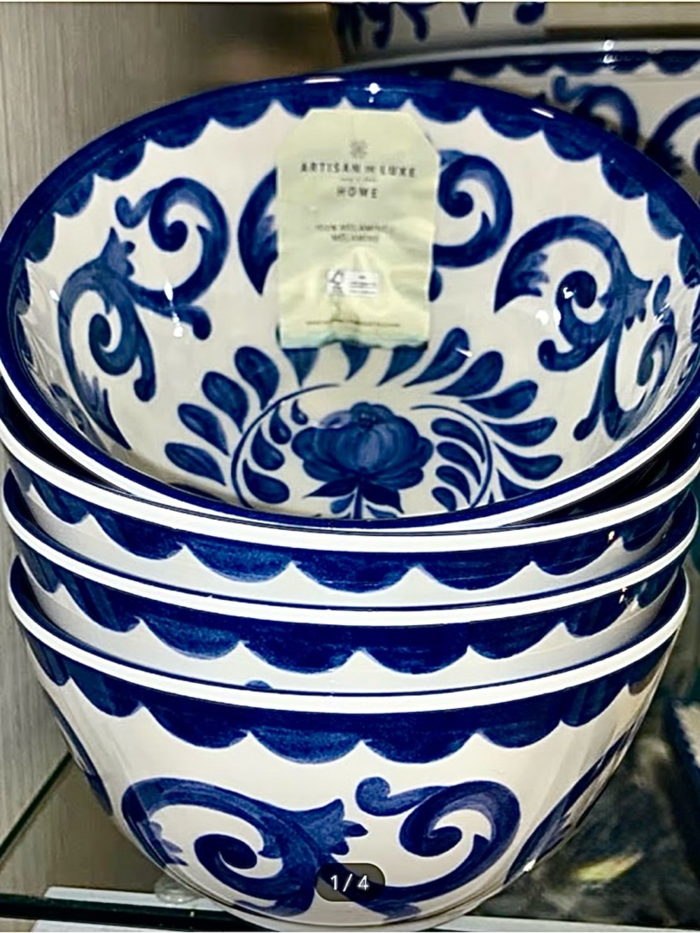 Set 4 Artisan De Luxe Blue Rose Scroll 6x3” Melamine Salad Cereal Bowls NEW